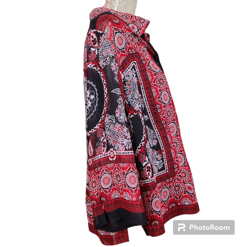 NOTATIONS 2 Piece Set Sheer Button-Down Shirt-Tank Top Black Red Bandana Size 3X - Picture 4 of 10